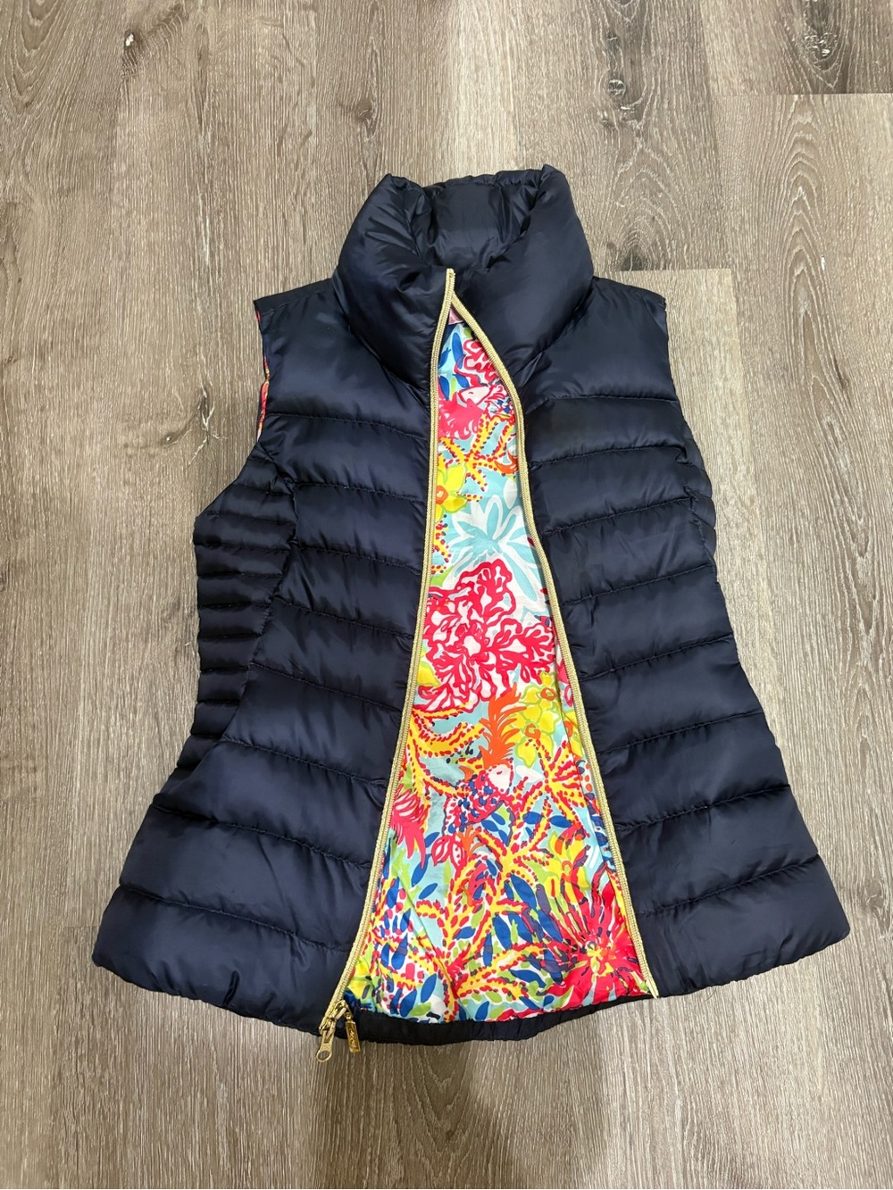 Lilly Pulitzer Navy Vest with Bright Coral Floral Lining